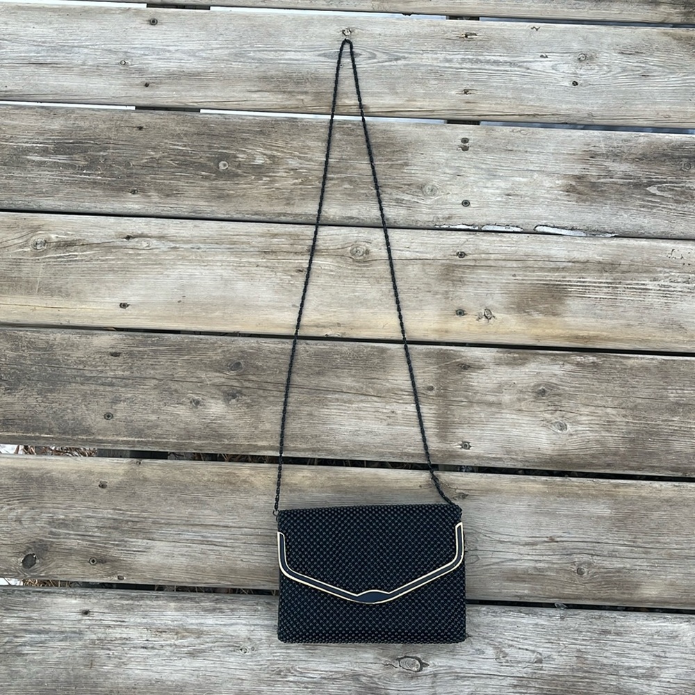 Vintage Evening bag Black with black chain and  enamel work with goldtone clasp.